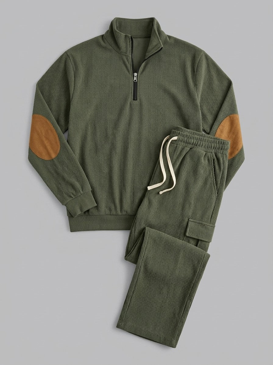 Montichiari Men's Elbow-Patch Quarter-Zip and Cargo Pant Set — armygreen — packshot