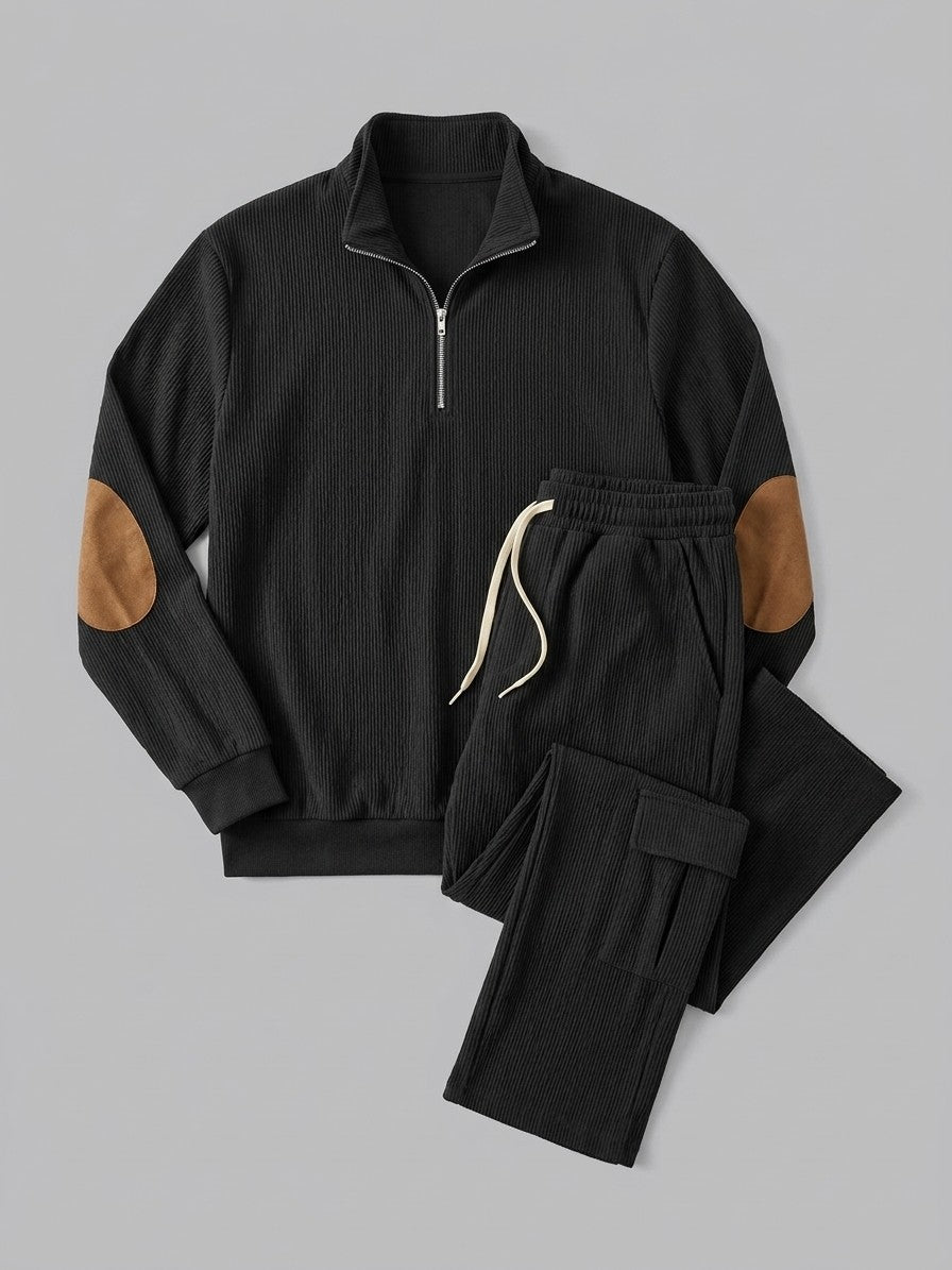 Montichiari Men's Elbow-Patch Quarter-Zip and Cargo Pant Set — black — packshot