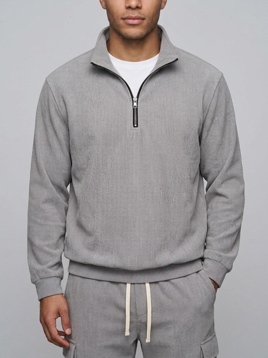 Montichiari Men's Elbow-Patch Quarter-Zip and Cargo Pant Set — gray — closefront