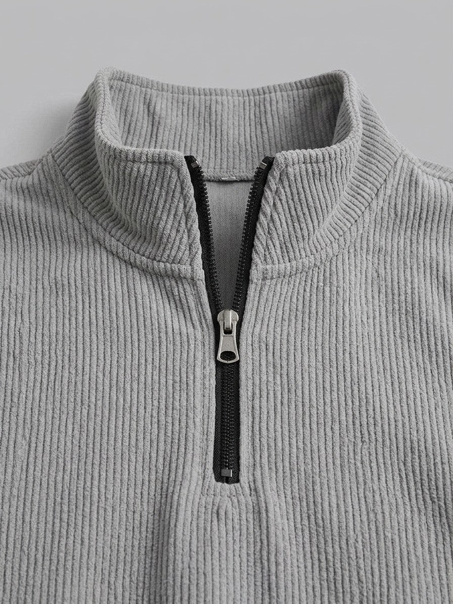 Montichiari Men's Elbow-Patch Quarter-Zip and Cargo Pant Set — gray — detail-collar