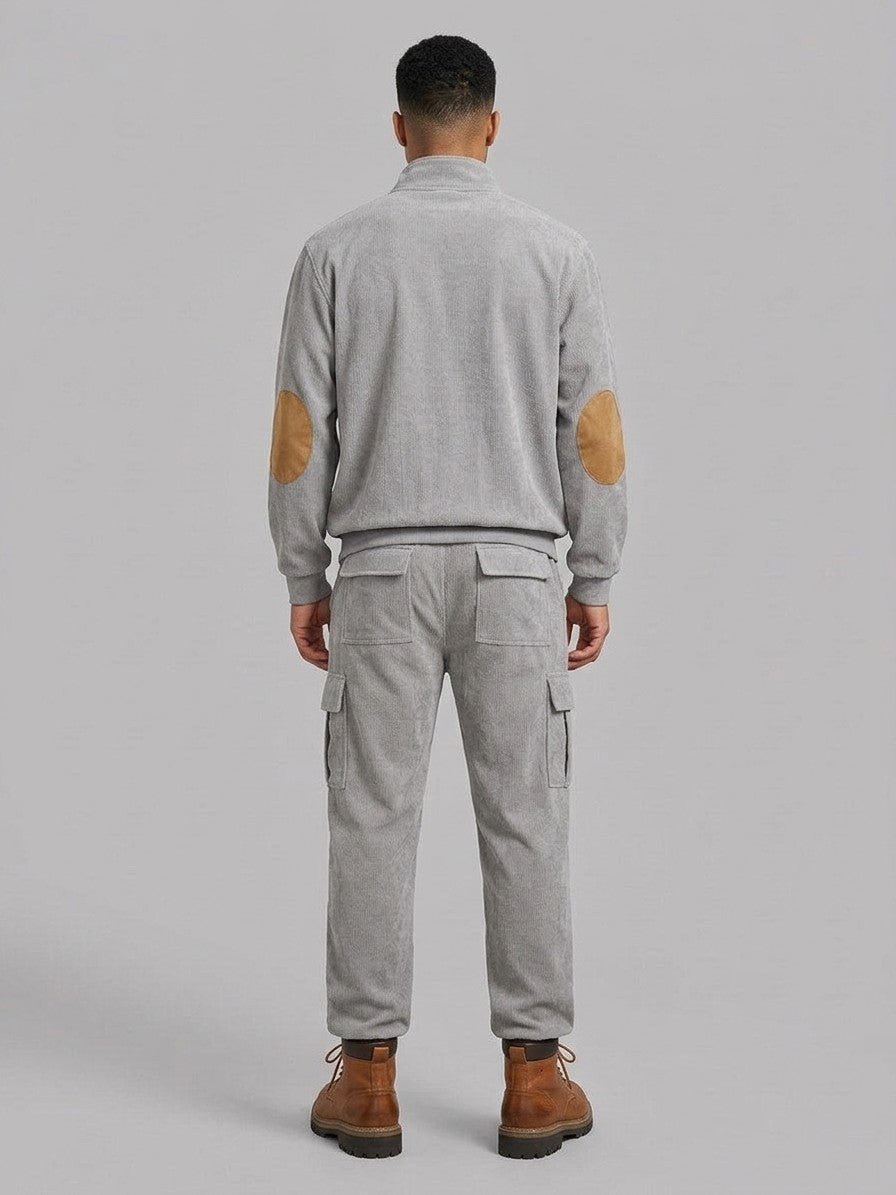 Montichiari Men's Elbow-Patch Quarter-Zip and Cargo Pant Set — gray — fullback