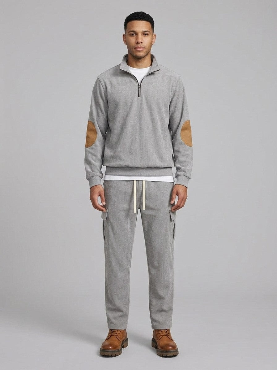 Montichiari Men's Elbow-Patch Quarter-Zip and Cargo Pant Set — gray — fullfront