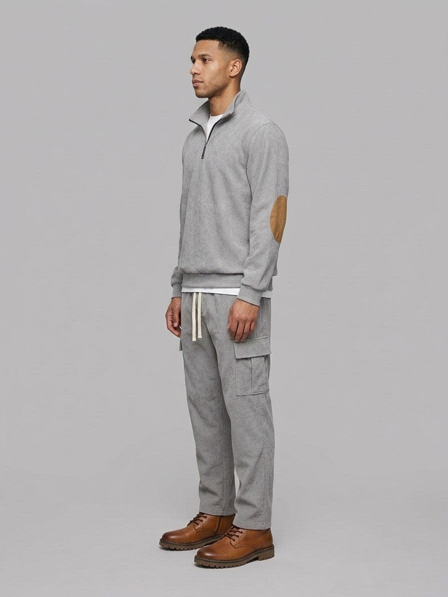 Montichiari Men's Elbow-Patch Quarter-Zip and Cargo Pant Set — gray — fullside