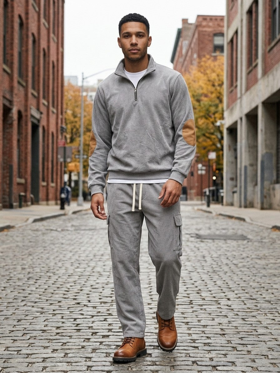 Montichiari Men's Elbow-Patch Quarter-Zip and Cargo Pant Set — gray — lifestyle