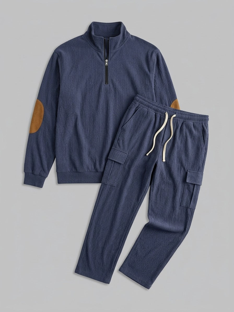 Montichiari Men's Elbow-Patch Quarter-Zip and Cargo Pant Set — navyblue — packshot