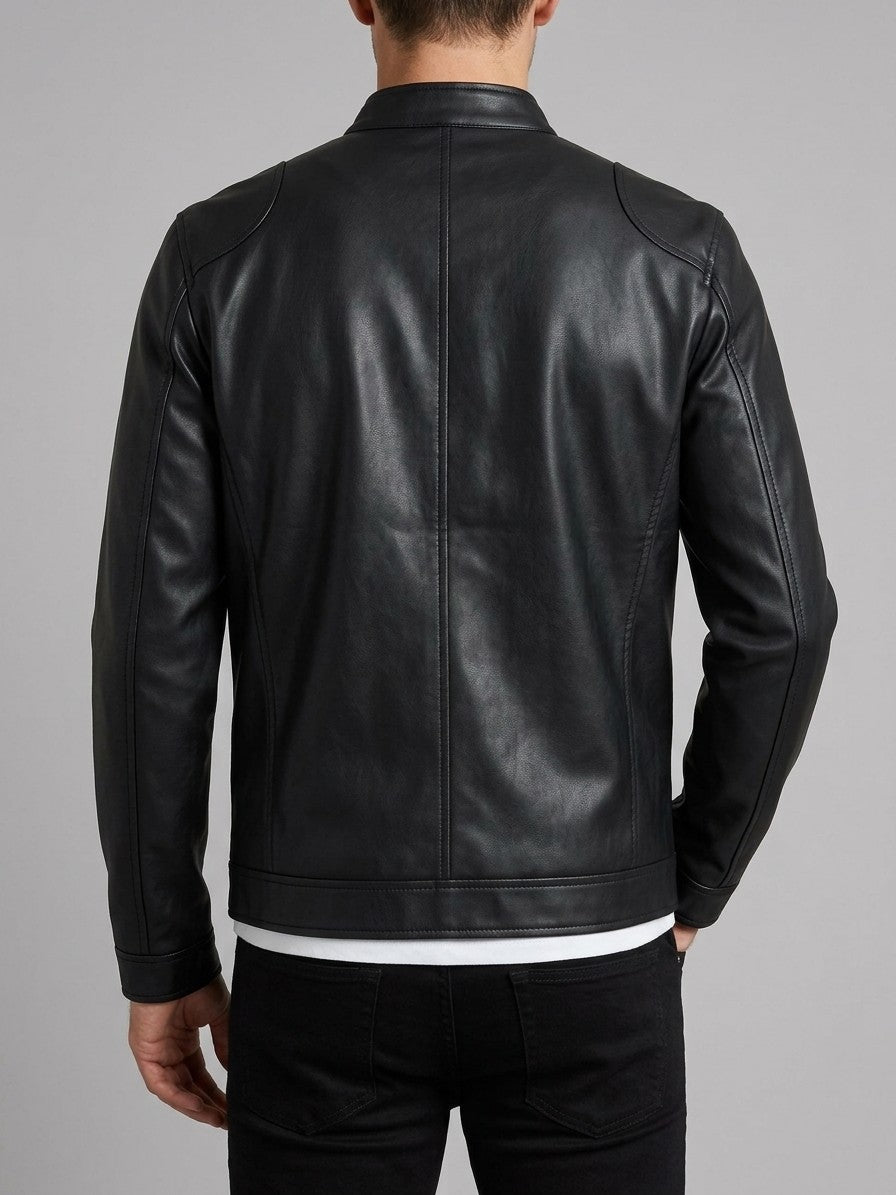 Monza Men's Faux Leather Racer Jacket — black — back