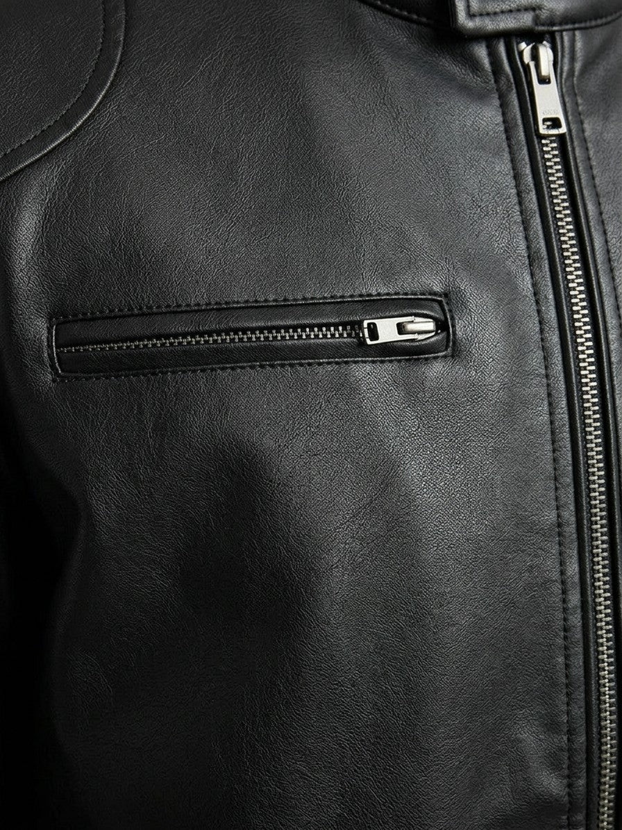 Monza Men's Faux Leather Racer Jacket — black — detail-2