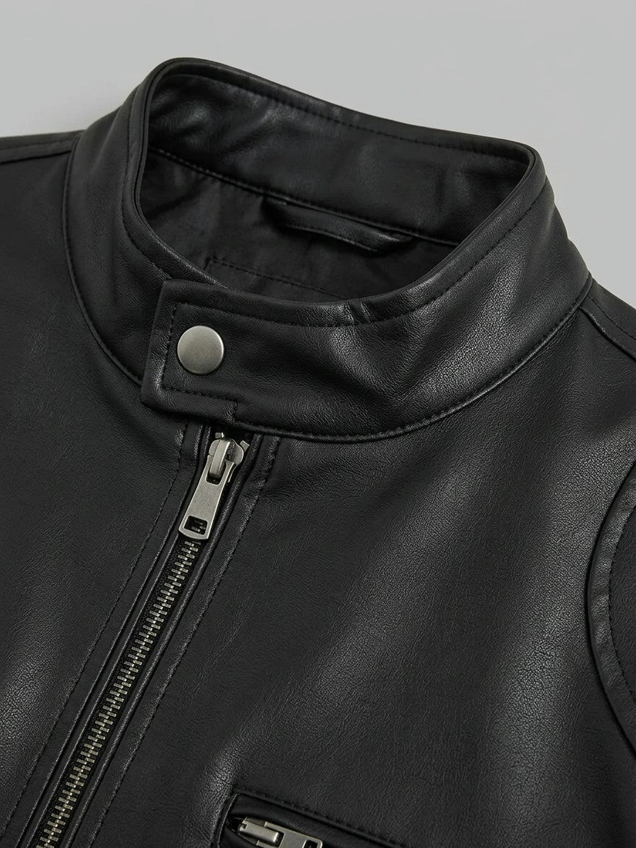 Monza Men's Faux Leather Racer Jacket — black — detail-collar