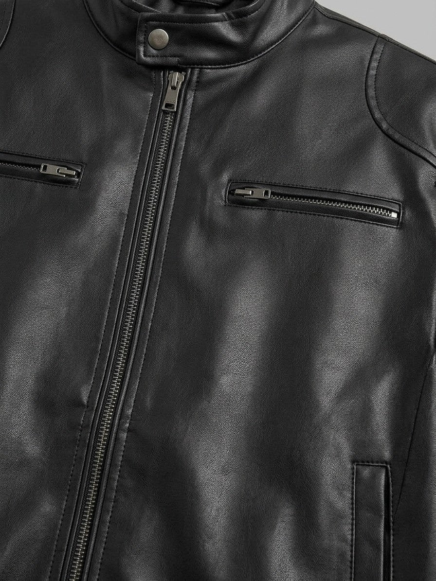 Monza Men's Faux Leather Racer Jacket — black — detail