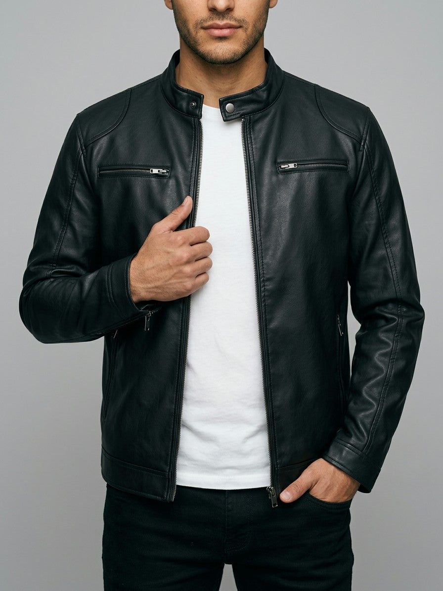 Monza Men's Faux Leather Racer Jacket — black — front