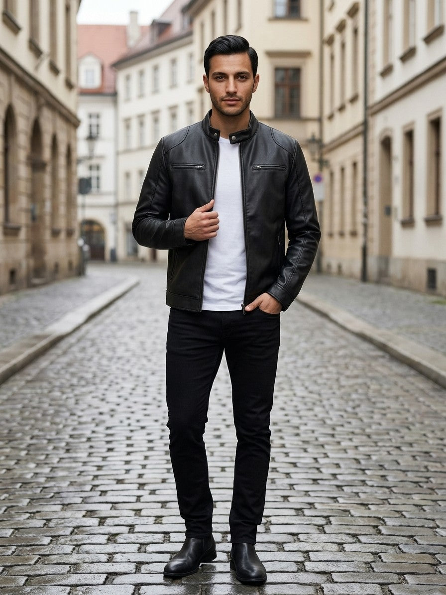 Monza Men's Faux Leather Racer Jacket — black — lifestyle