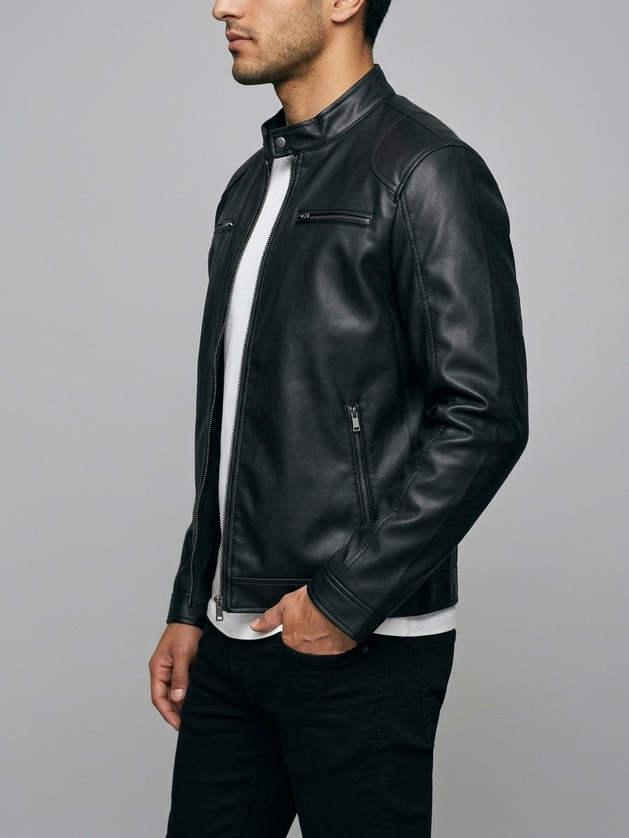 Monza Men's Faux Leather Racer Jacket — black — side