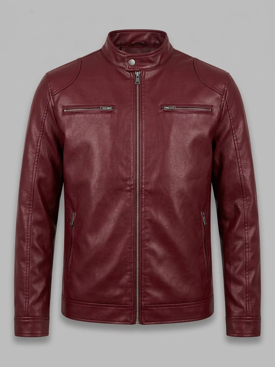 Monza Men's Faux Leather Racer Jacket — burgundy — packshot