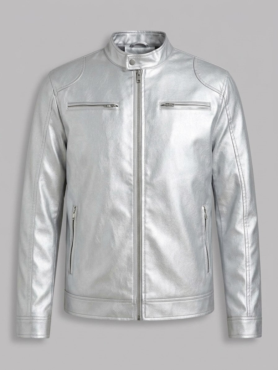 Monza Men's Faux Leather Racer Jacket — silver — packshot