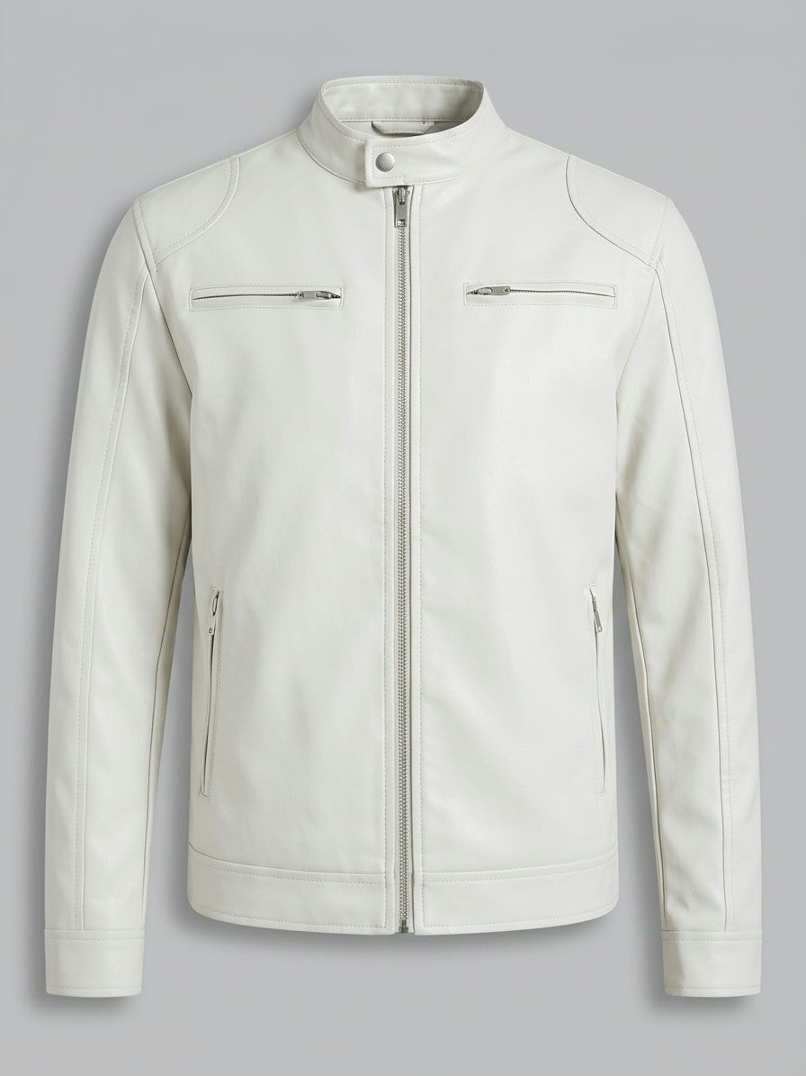 Monza Men's Faux Leather Racer Jacket — white — packshot
