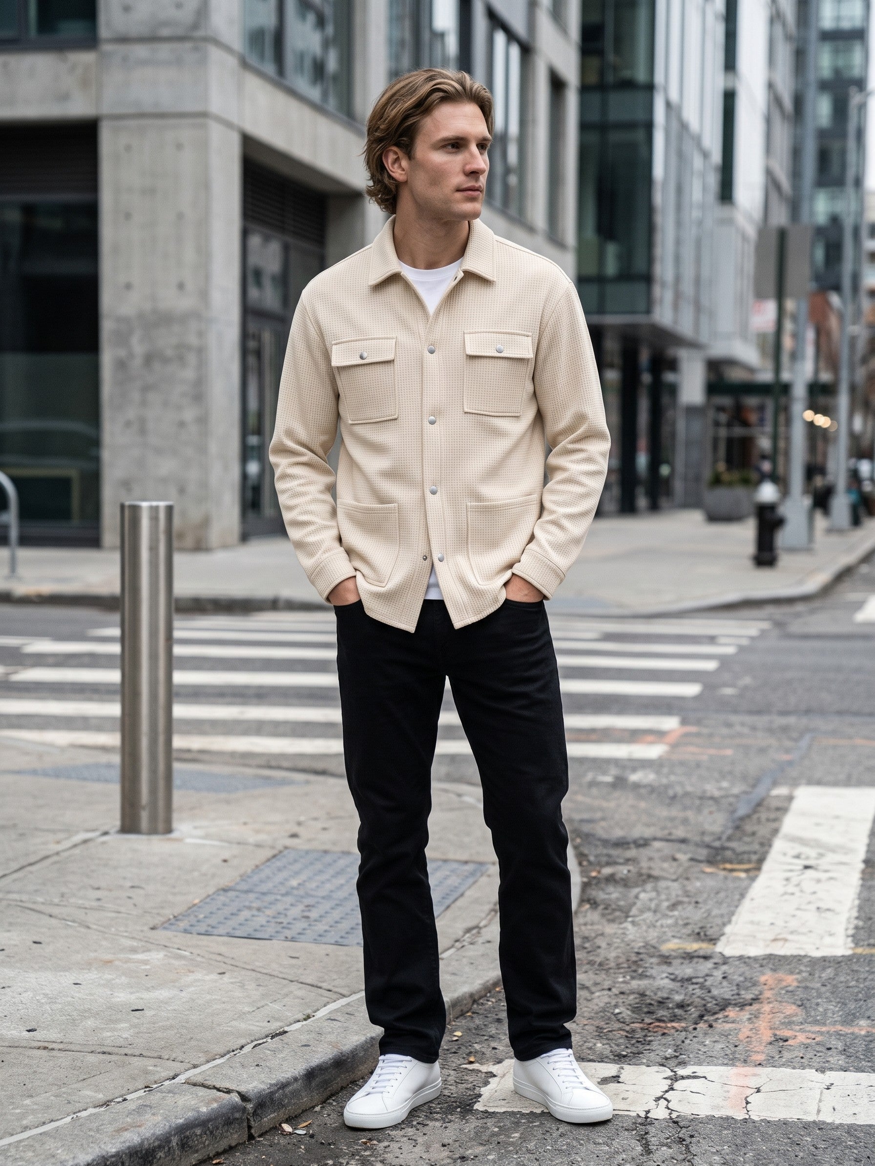 Morbegno Men's Waffle Four-Pocket Shirt Jacket — cream — lifestyle