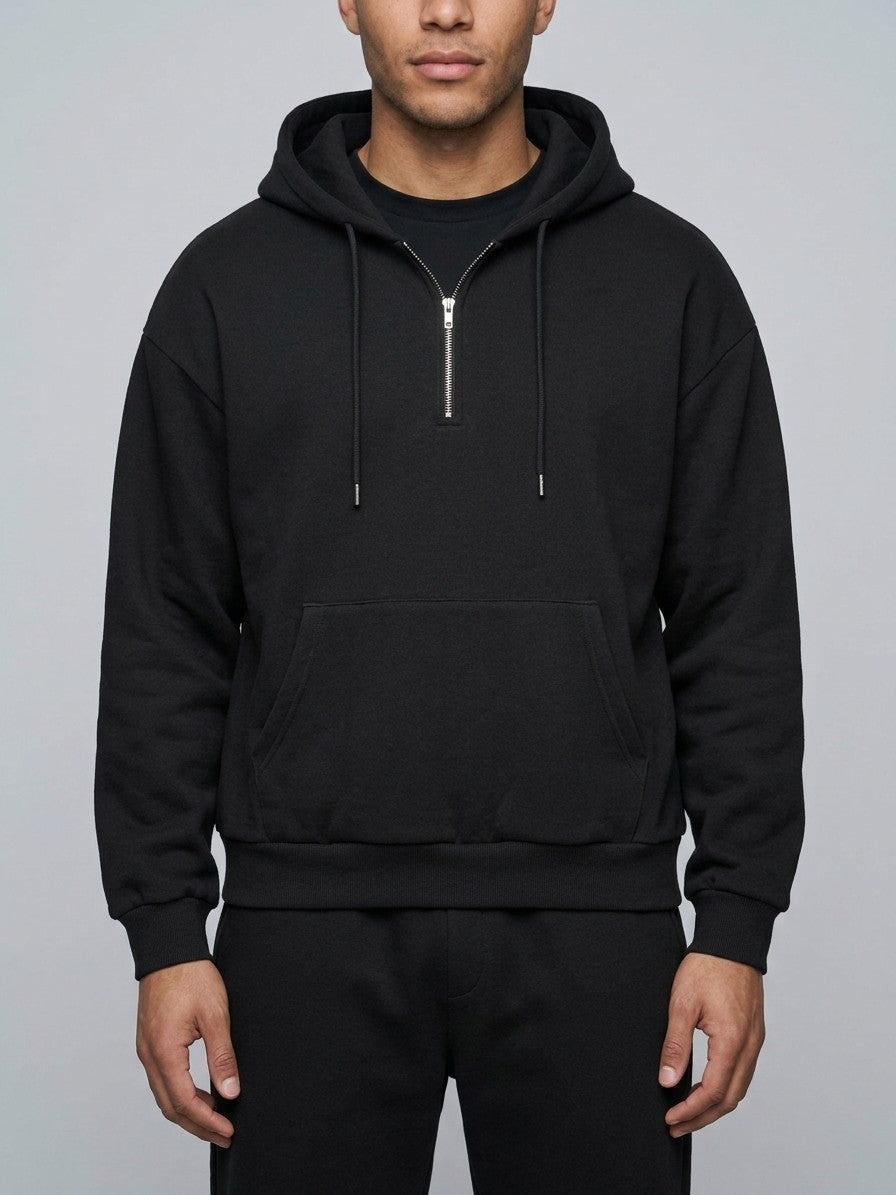 Mortara Men's Half-Zip Hoodie Tracksuit Set — black — closefront