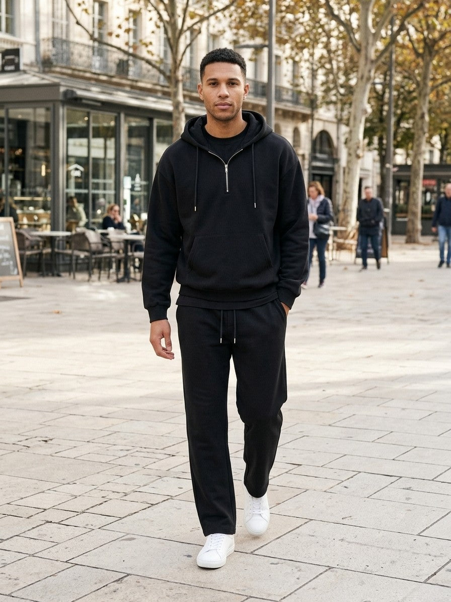 Mortara Men's Half-Zip Hoodie Tracksuit Set — black — lifestyle
