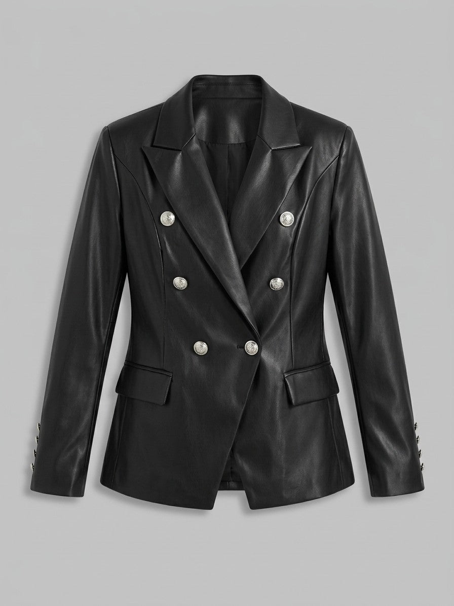Murano Women's Double-Breasted Faux Leather Blazer — black — packshot
