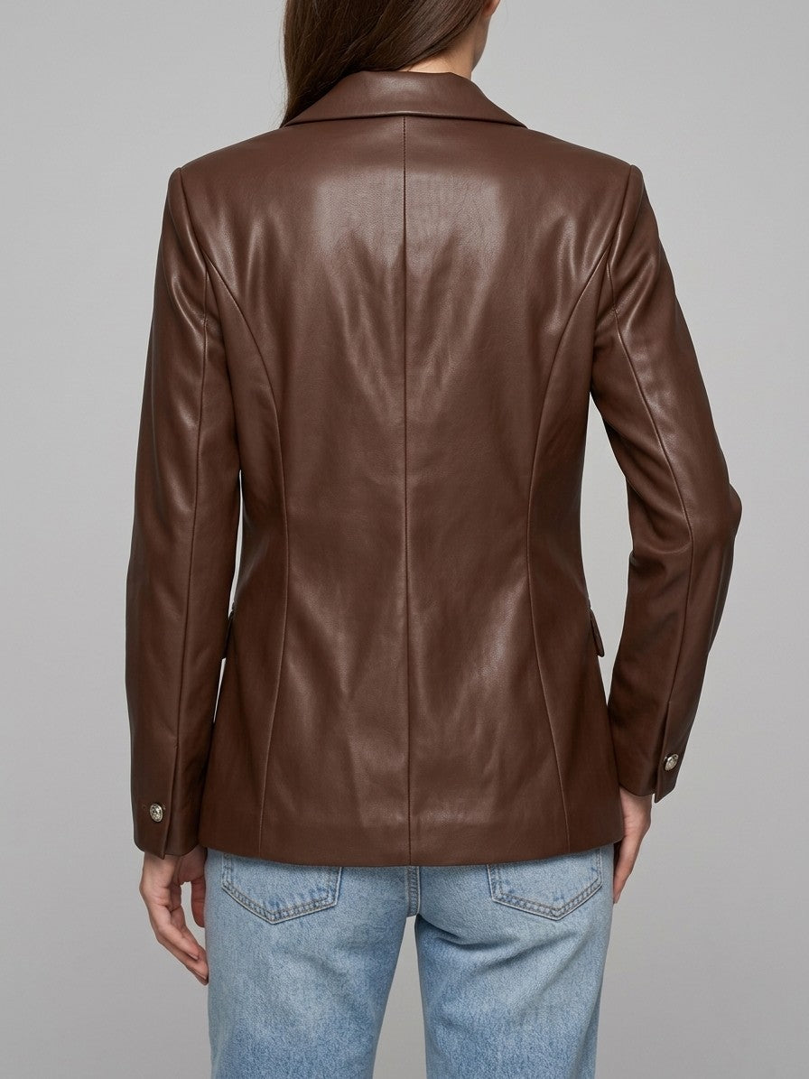 Murano Women's Double-Breasted Faux Leather Blazer — coffee — back