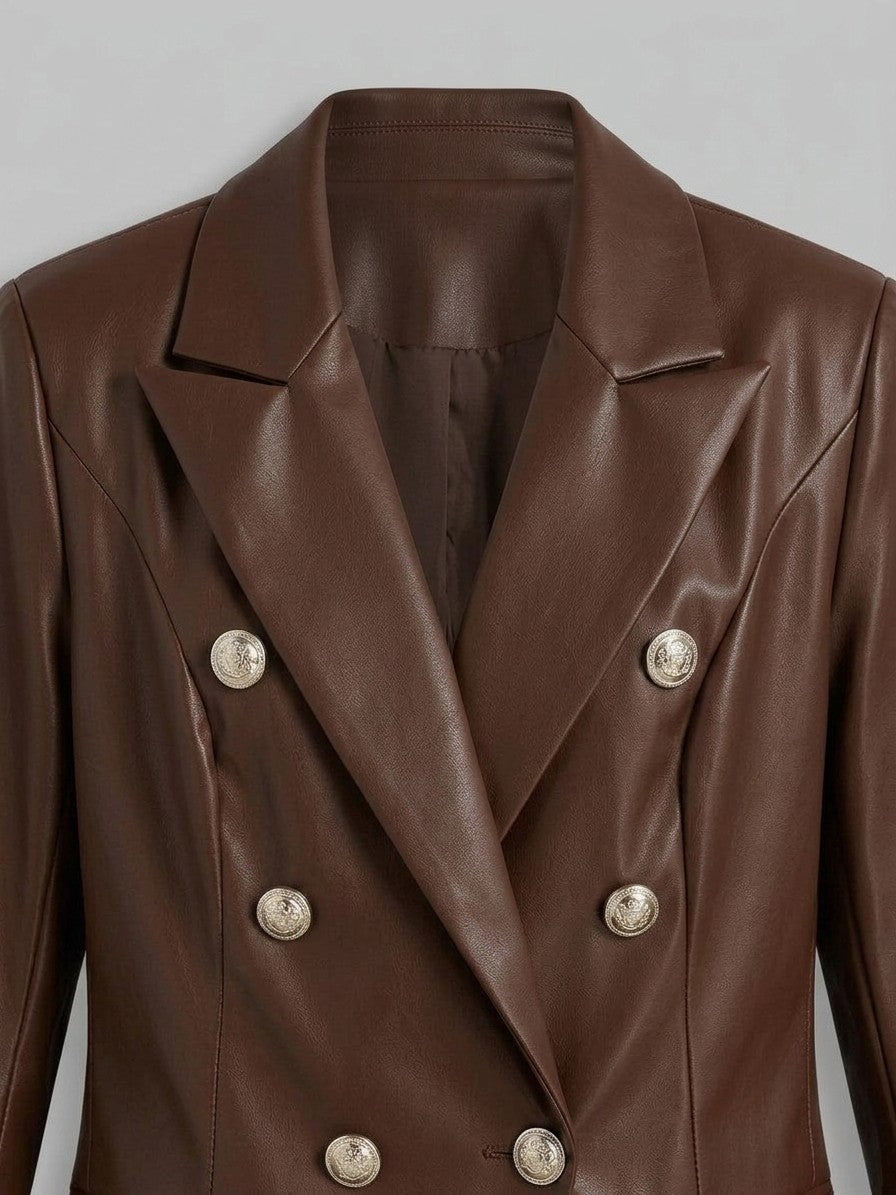 Murano Women's Double-Breasted Faux Leather Blazer — coffee — detail-2