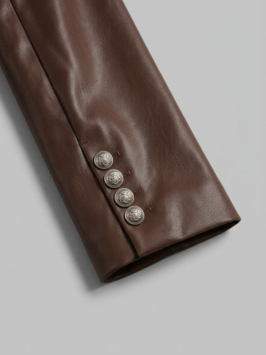 Murano Women's Double-Breasted Faux Leather Blazer — coffee — detail-collar