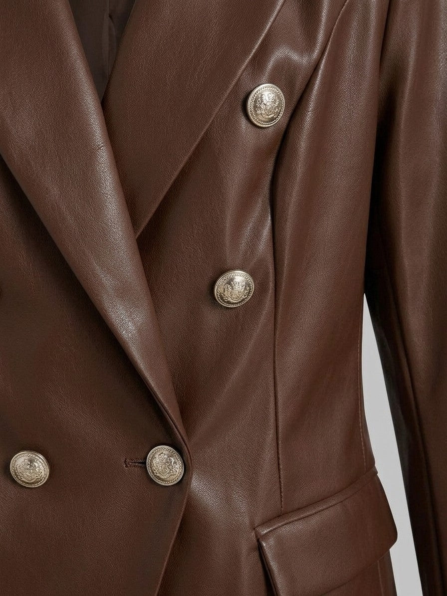 Murano Women's Double-Breasted Faux Leather Blazer — coffee — detail