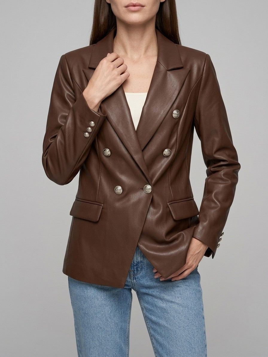 Murano Women's Double-Breasted Faux Leather Blazer — coffee — front