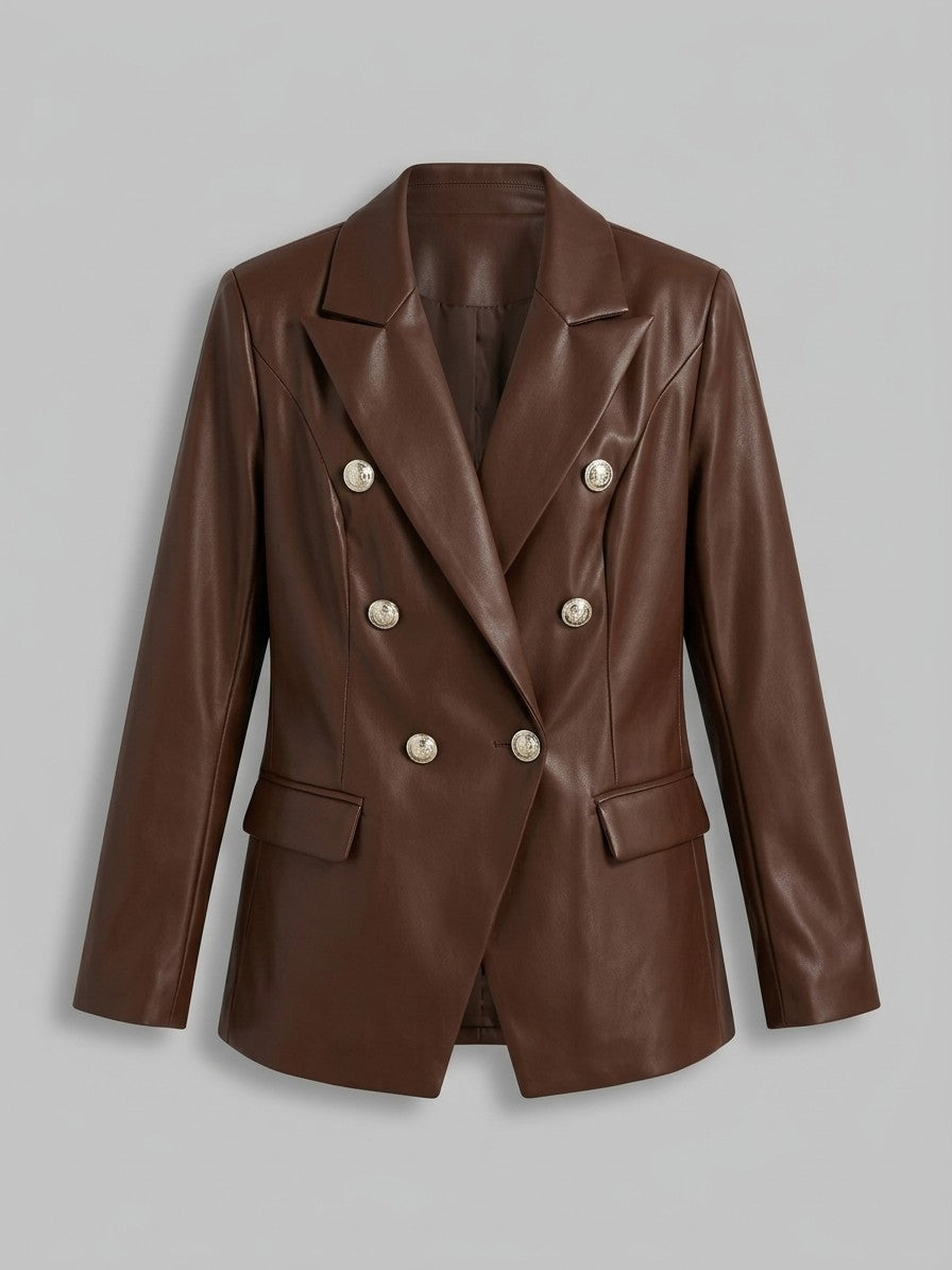 Murano Women's Double-Breasted Faux Leather Blazer — coffee — packshot