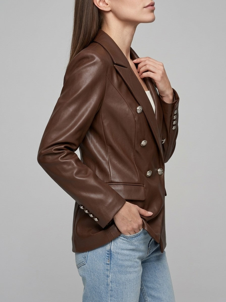 Murano Women's Double-Breasted Faux Leather Blazer — coffee — side
