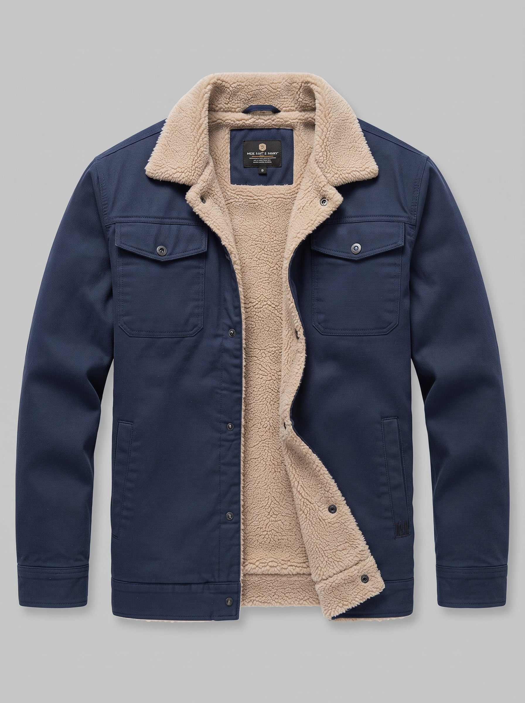 A navy blue canvas jacket with a thick beige sherpa fleece lining, shown on a neutral gray background.