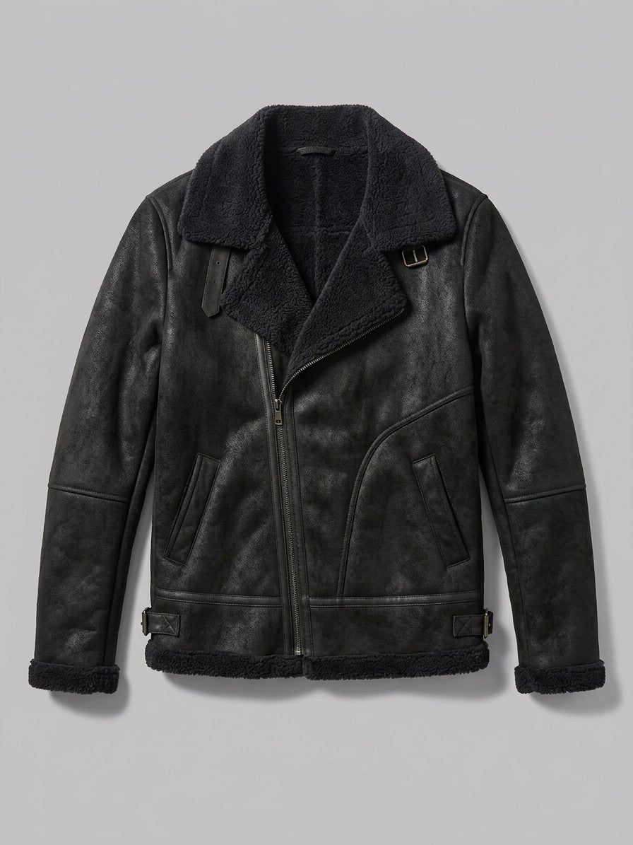 Neive Men's Faux Suede Shearling Aviator Jacket — black — packshot