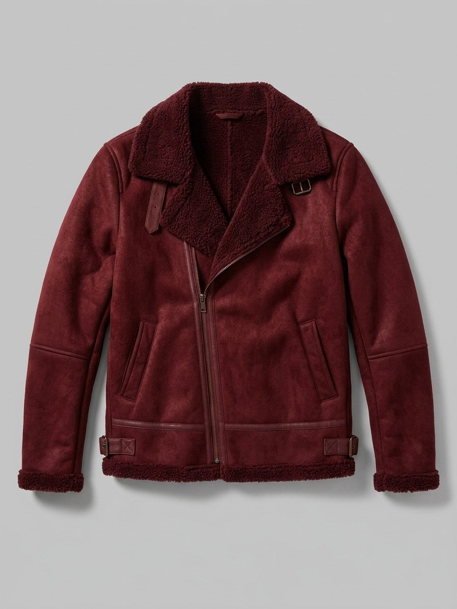Neive Men's Faux Suede Shearling Aviator Jacket — burgundy — packshot