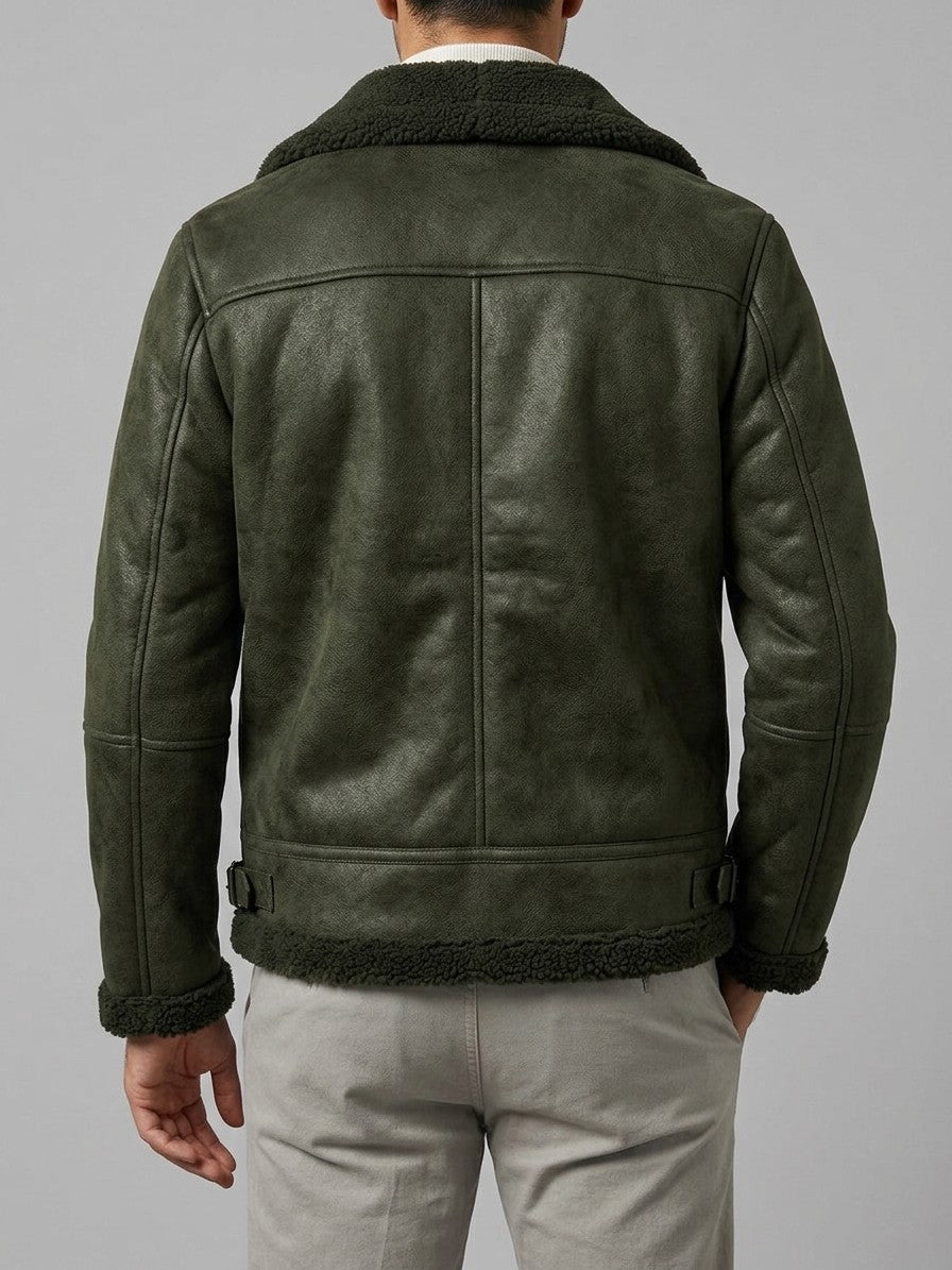 Neive Men's Faux Suede Shearling Aviator Jacket — darkolive — back