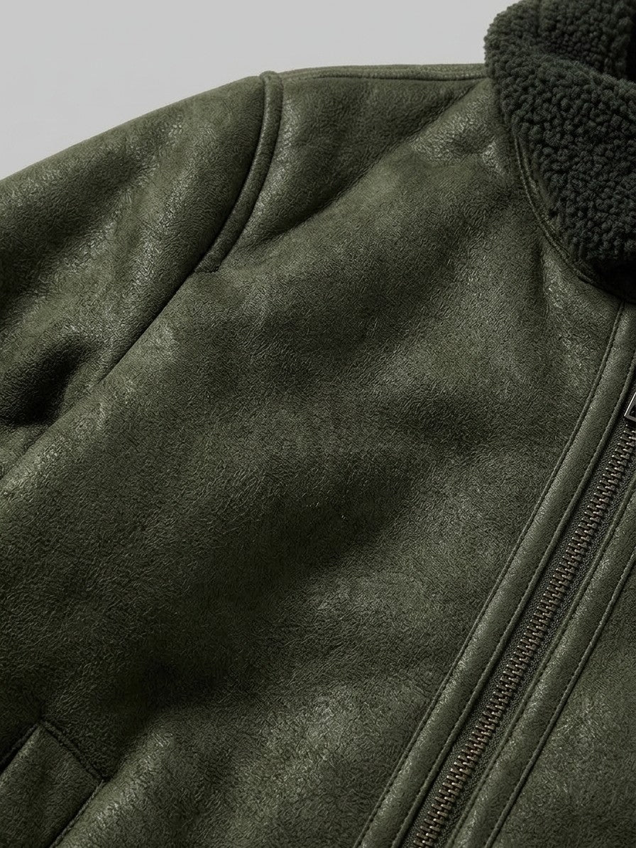 Neive Men's Faux Suede Shearling Aviator Jacket — darkolive — detail-2
