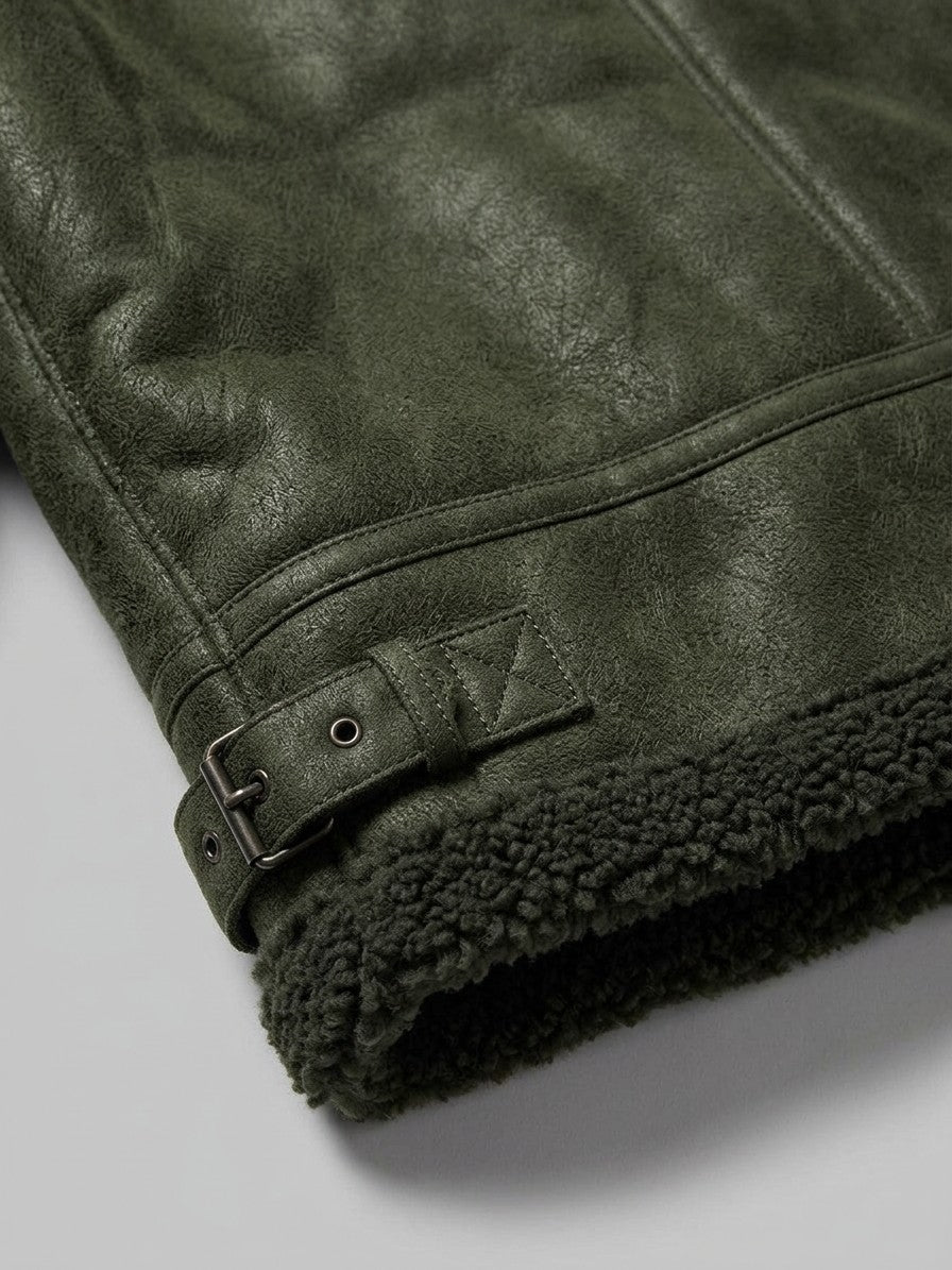 Neive Men's Faux Suede Shearling Aviator Jacket — darkolive — detail-collar