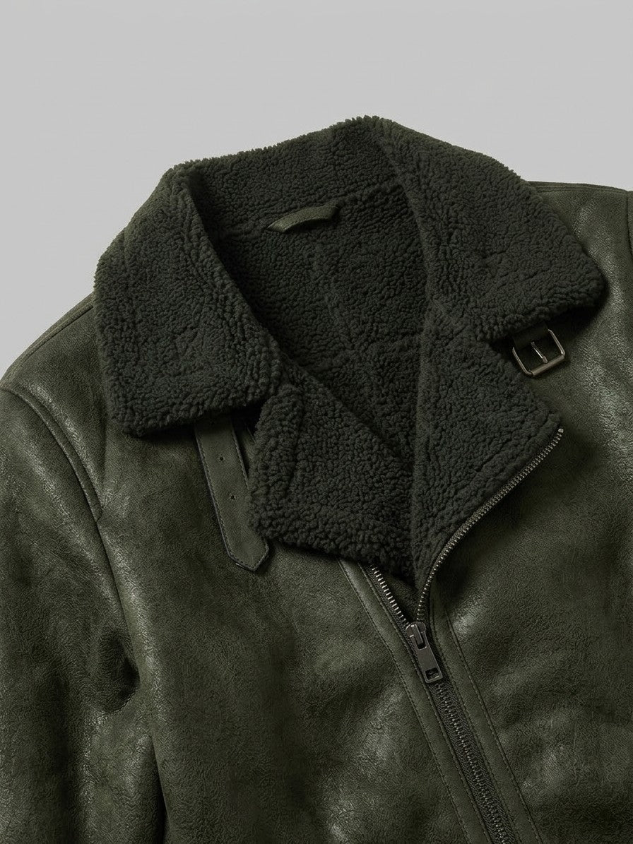 Neive Men's Faux Suede Shearling Aviator Jacket — darkolive — detail
