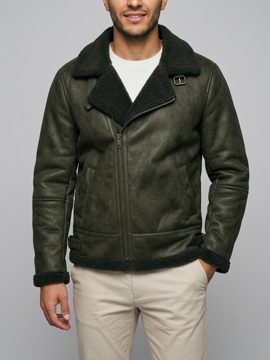 Neive Men's Faux Suede Shearling Aviator Jacket — darkolive — front