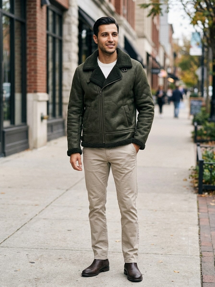 Neive Men's Faux Suede Shearling Aviator Jacket — darkolive — lifestyle