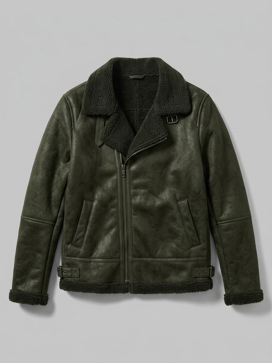 Neive Men's Faux Suede Shearling Aviator Jacket — darkolive — packshot