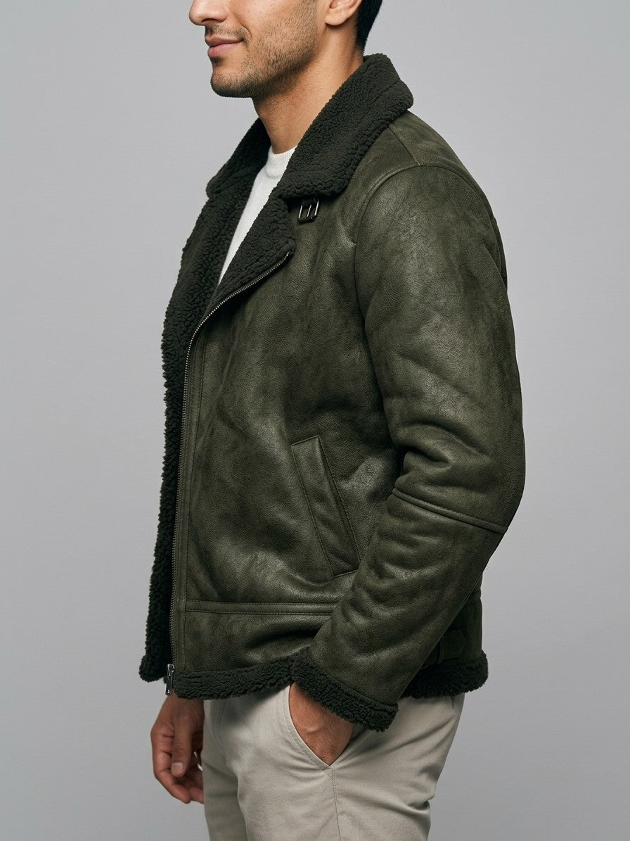 Neive Men's Faux Suede Shearling Aviator Jacket — darkolive — side