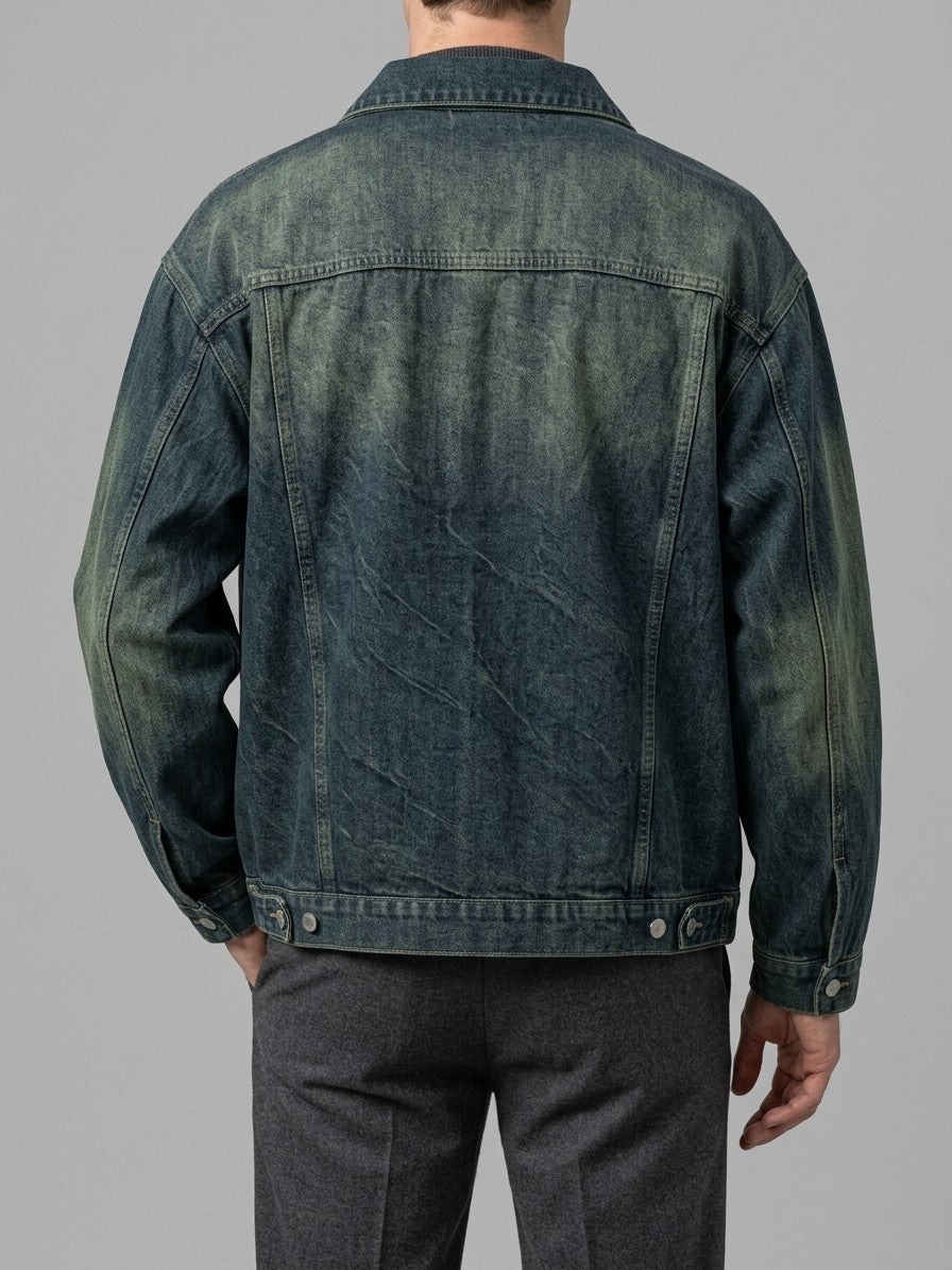 Nemi Men's Oversized Faded Zip Denim Jacket — blue — back