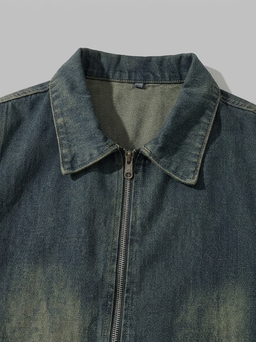 Nemi Men's Oversized Faded Zip Denim Jacket — blue — detail-2
