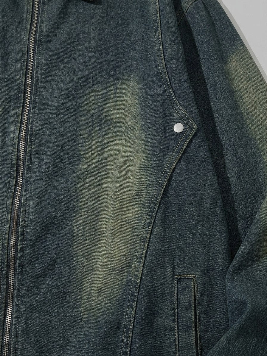 Nemi Men's Oversized Faded Zip Denim Jacket — blue — detail-collar