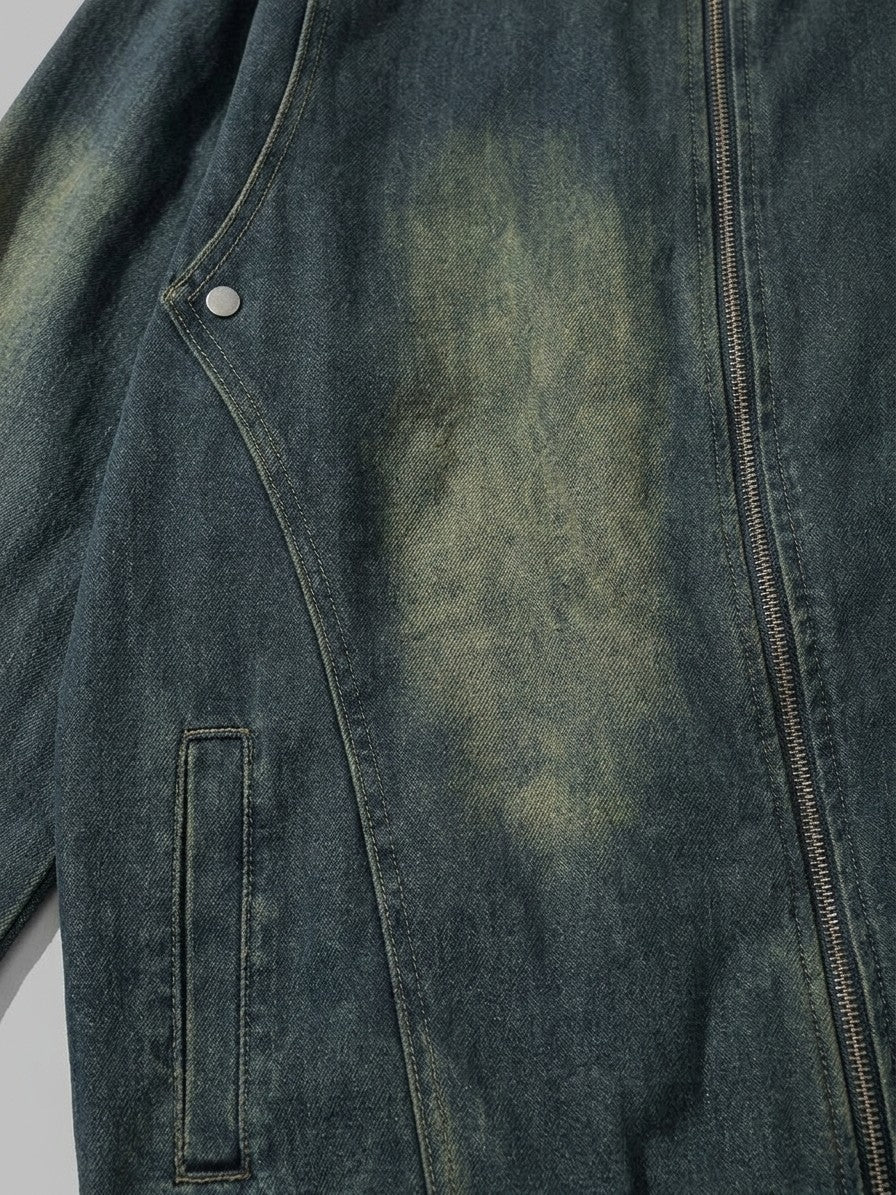 Nemi Men's Oversized Faded Zip Denim Jacket — blue — detail