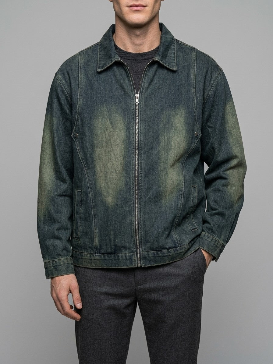 Nemi Men's Oversized Faded Zip Denim Jacket — blue — front