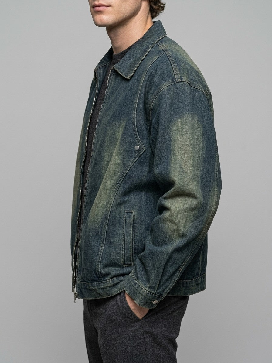 Nemi Men's Oversized Faded Zip Denim Jacket — blue — side