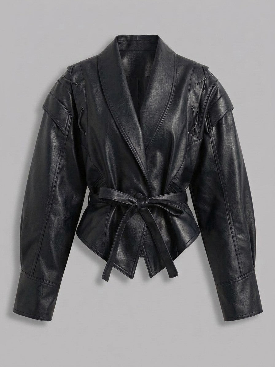 Nepi Women's Lace-Up Belted Wrap Jacket — black — packshot