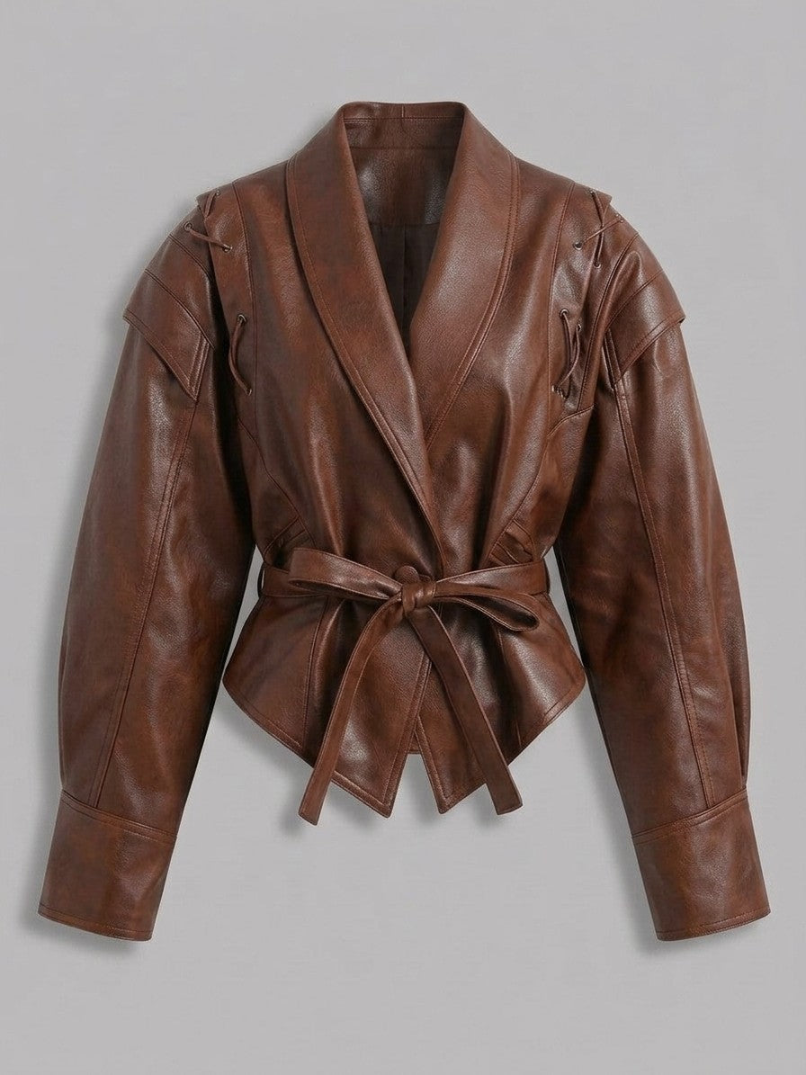 Nepi Women's Lace-Up Belted Wrap Jacket — brown — packshot