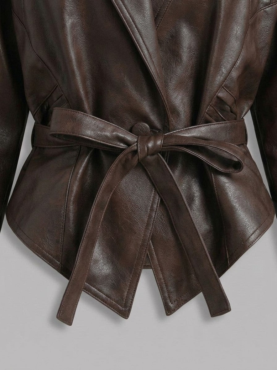 Nepi Women's Lace-Up Belted Wrap Jacket — coffeebrown — detail-collar
